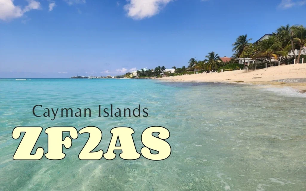 Praia das Ilhas Cayman com águas cristalinas e texto ZF2AS