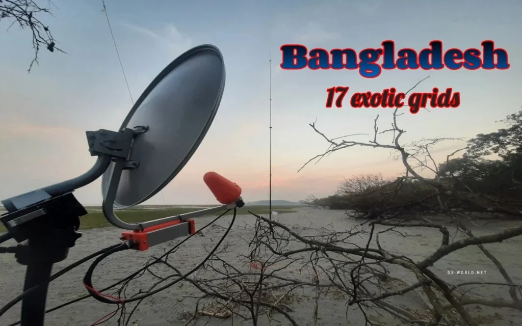 Antenna direcionada para o céu em Bangladesh, com árvores ao fundo e texto '17 exotic grids'