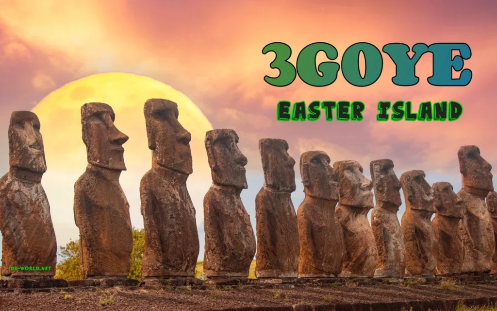 Estátuas Moai em Páscoa com o texto 3G0YE e sol ao fundo