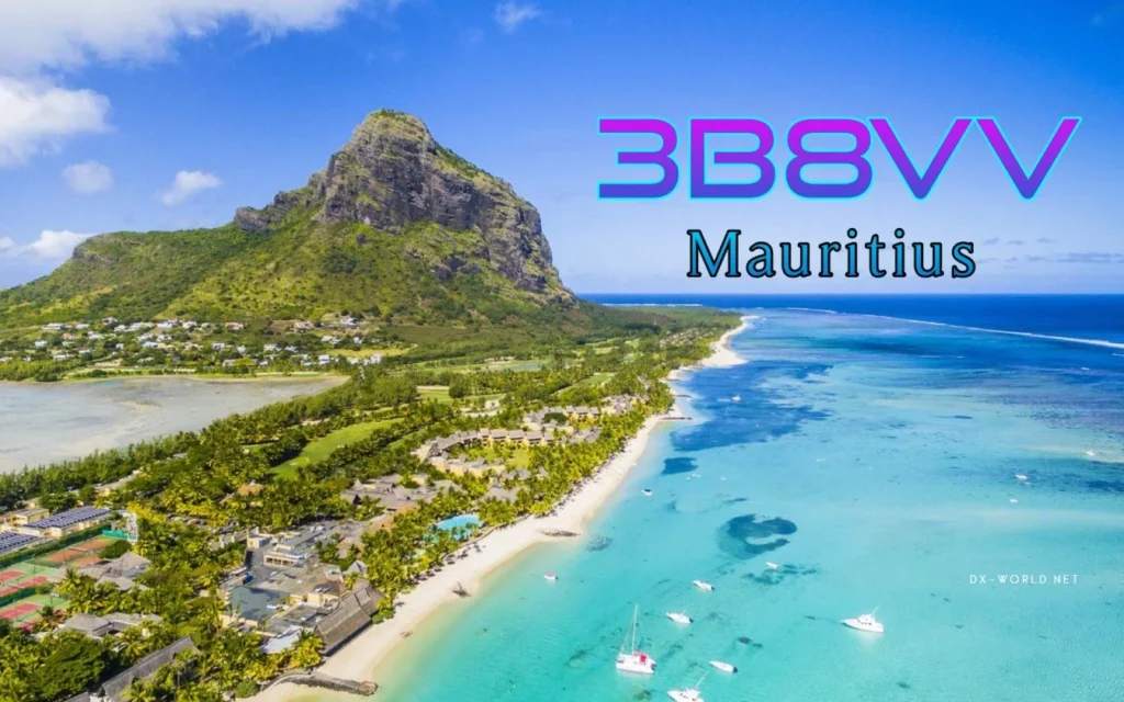 Vista aérea de Maurício com a inscrição 3B8VV