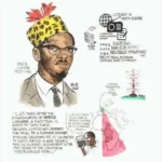 Ilustração de Patrice Lumumba com informações sobre julgamento e escuta da RFI