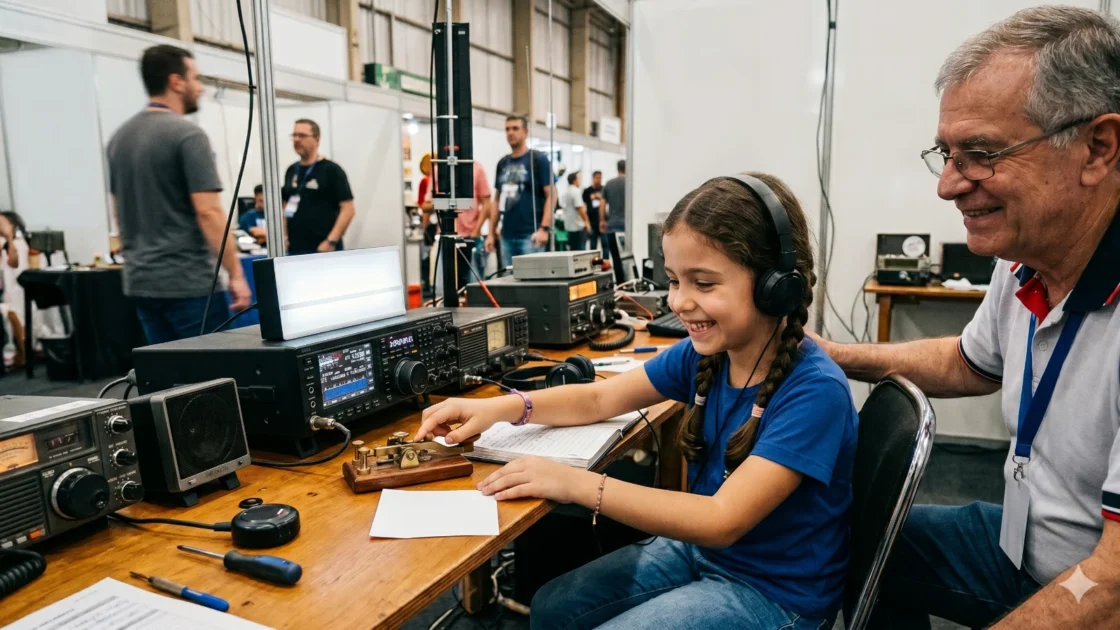 Menina de 8 anos aprendendo Código Morse em exposição do Exército Brasileiro.