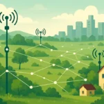 Uma ilustração detalhada sobre como aumentar o alcance no Meshtastic, mostrando antenas em posições e alturas ideais.