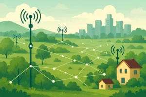 Uma ilustração detalhada sobre como aumentar o alcance no Meshtastic, mostrando antenas em posições e alturas ideais.