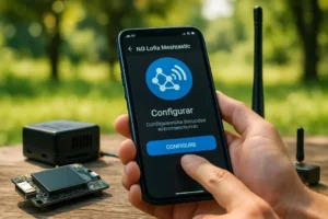 Imagem de um usuário configurando um nó Meshtastic com celular, representando como configurar um nó Meshtastic