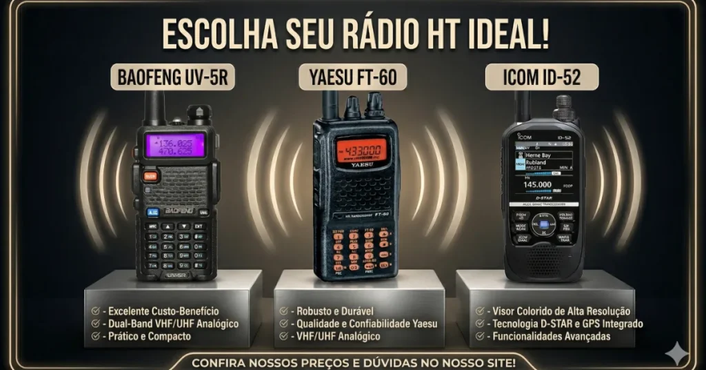 Rádios HT Baofeng UV-5R, Yaesu FT-60 e ICOM ID-52 em destaque