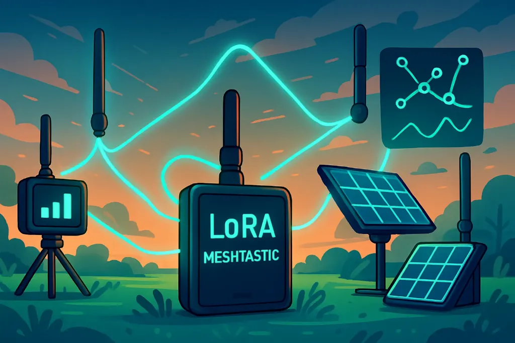 Imagem ilustrativa mostrando uma rede de comunicação como usar LoRa Meshtastic em um ambiente de longas distâncias.