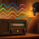 Rádio antigo com ondas de rádio vibrantes e pessoa ouvindo com fones em ambiente nostálgico ao fundo