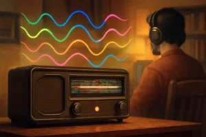 Rádio antigo com ondas de rádio vibrantes e pessoa ouvindo com fones em ambiente nostálgico ao fundo