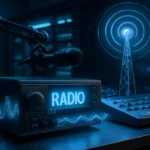 Estação de rádio digital moderna com antena, sinais digitais luminosos e ambiente tecnológico - rascunho automático