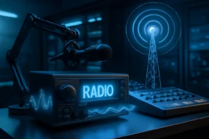 Estação de rádio digital moderna com antena, sinais digitais luminosos e ambiente tecnológico - rascunho automático