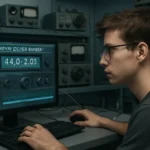 Cena de estudante usando computador com rascunho automático, sala de rádio ao fundo com equipamentos clássicos, foco na concentração