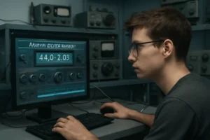 Cena de estudante usando computador com rascunho automático, sala de rádio ao fundo com equipamentos clássicos, foco na concentração