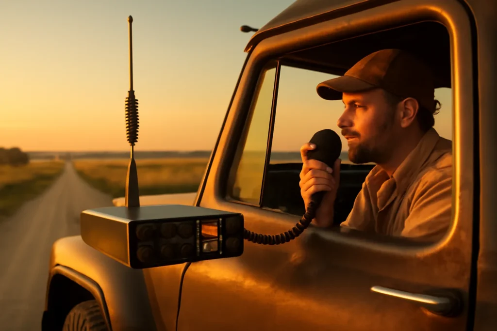 Cena de estrada rural ao amanhecer com caminhoneiro usando rascunho automático em rádio PX no caminhão