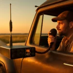 Cena de estrada rural ao amanhecer com caminhoneiro usando rascunho automático em rádio PX no caminhão