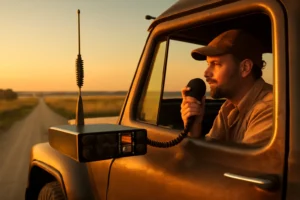 Cena de estrada rural ao amanhecer com caminhoneiro usando rascunho automático em rádio PX no caminhão