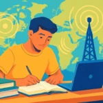 Ilustração de um jovem estudando com livros, computador, antena de rádio e mapas, representando rascunho automático para licença de radioamador