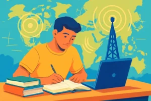 Ilustração de um jovem estudando com livros, computador, antena de rádio e mapas, representando rascunho automático para licença de radioamador