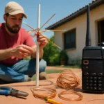 Cena com pessoa montando antena caseira ao lado de rádio Baofeng UV-5R e fios de cobre, ambiente doméstico simples