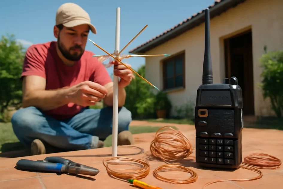 Cena com pessoa montando antena caseira ao lado de rádio Baofeng UV-5R e fios de cobre, ambiente doméstico simples