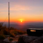 Rádio amador em morro durante pôr do sol, destacando antena colinear para alcance RF, com rascunho automático na imagem
