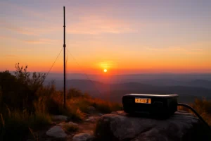 Rádio amador em morro durante pôr do sol, destacando antena colinear para alcance RF, com rascunho automático na imagem