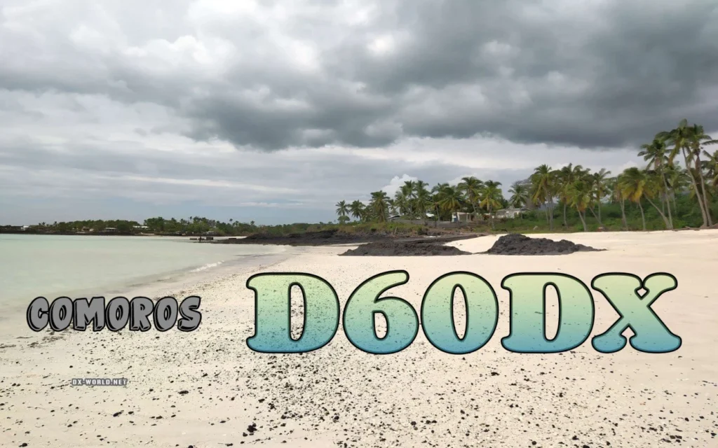 Praia em Comores com destaque para D60DX em letras grandes