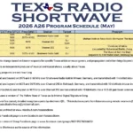 Grade de transmissões da Texas Radio Shortwave para maio de 2026 com horários e frequência