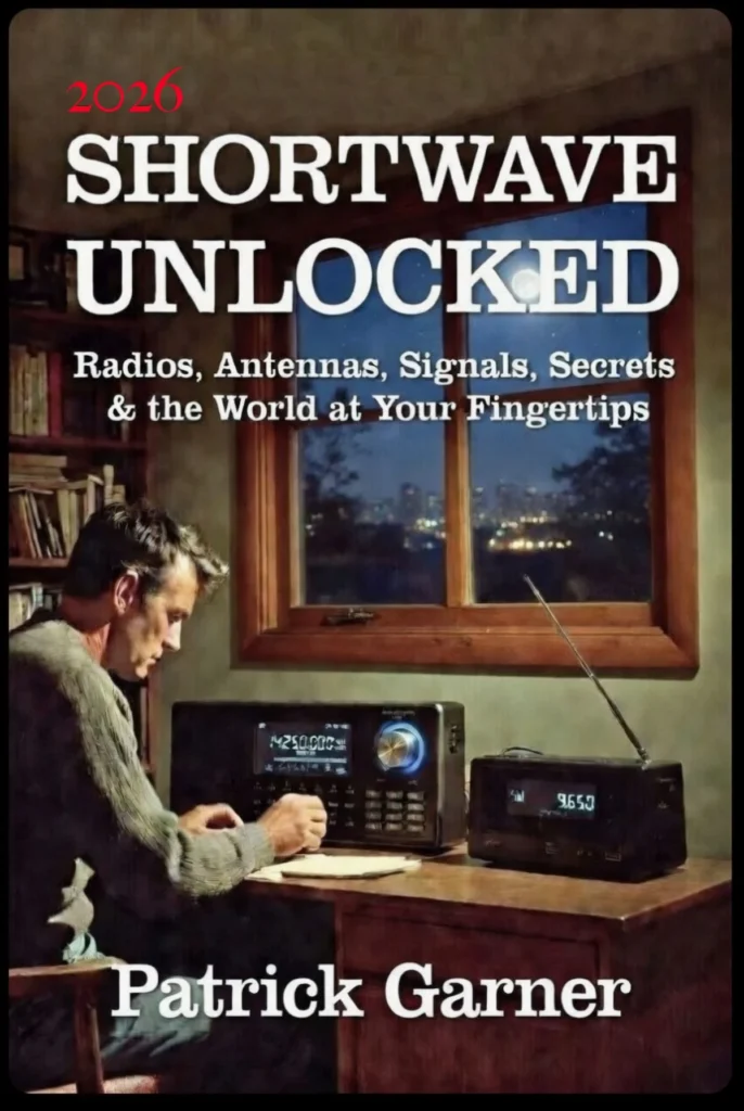 Capa do livro 'Shortwave Unlocked' com rádio e anotações