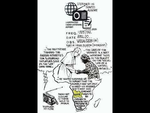 Charge ilustrada de Carlos Latuff sobre transmissão da Rádio Vaticano: visita do ‘Papa Leão XIV’ a asilo em Angola — relato e gravação (20 de abril de 2026)