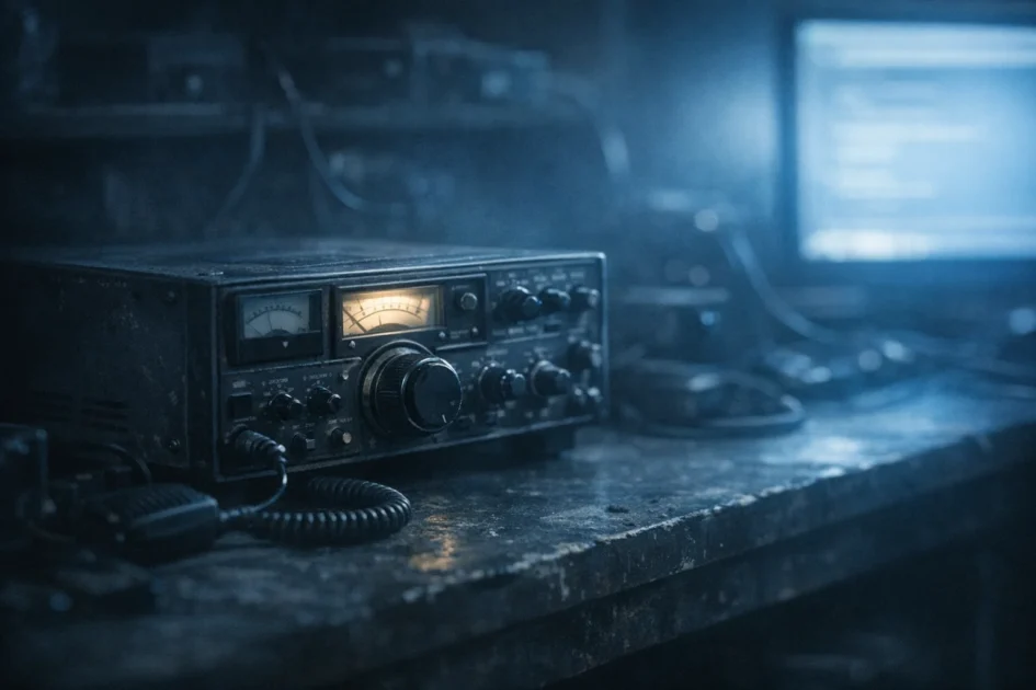 Transceptor de rádio vintage em uma bancada escura iluminada por luz azul