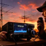 Estação de radioamador ao ar livre com antenas, transceptor digital, operadores usando modos digitais e céu ao entardecer, destacando rascunho automático.