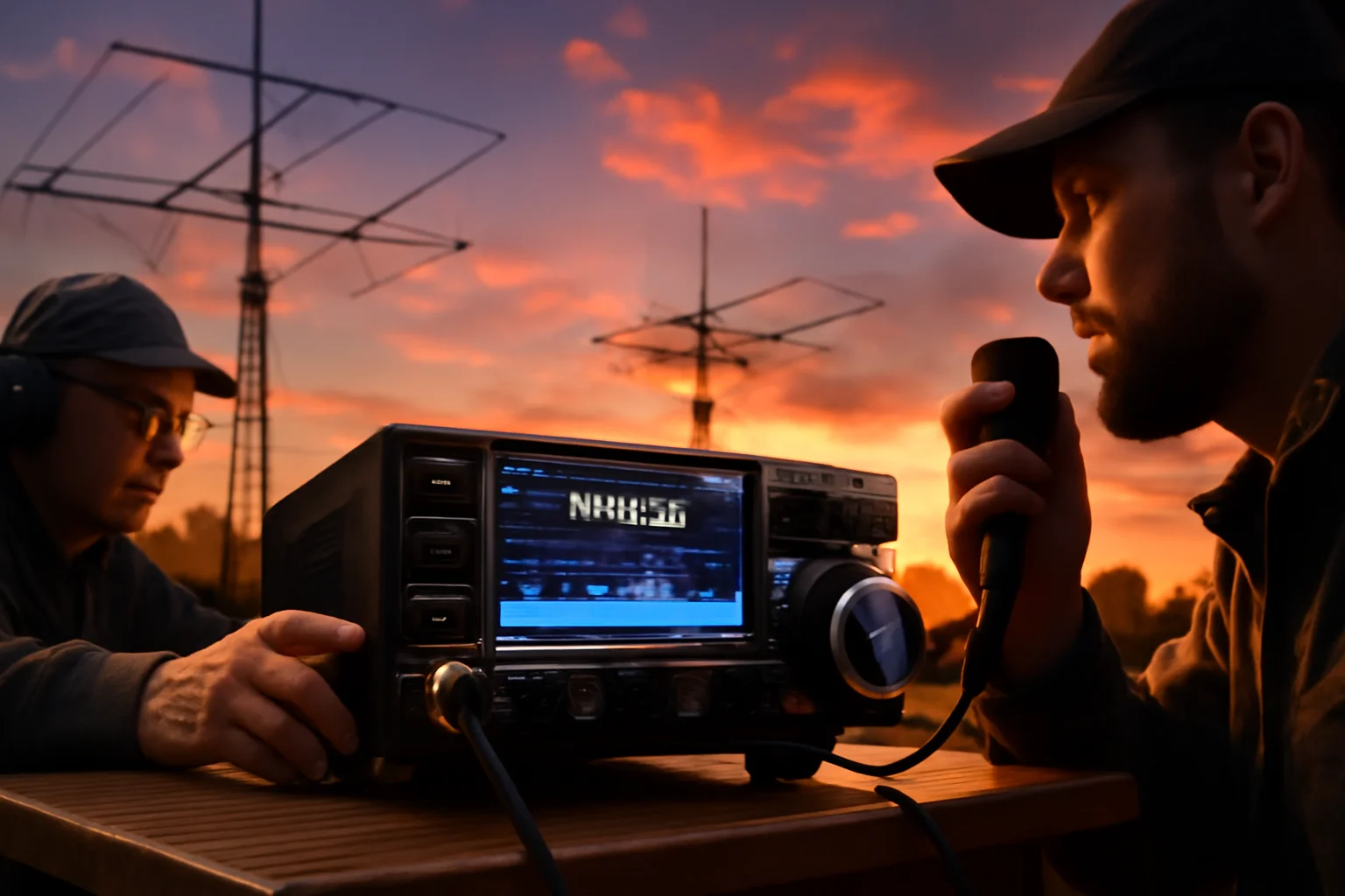 Estação de radioamador ao ar livre com antenas, transceptor digital, operadores usando modos digitais e céu ao entardecer, destacando rascunho automático.