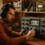Imagem horizontal de uma sala de estudo com radioamador usando equipamento antigo e detalhes eletrônicos, transmitindo sinais, com iluminação suave e cores quentes, representando rascunho automático.