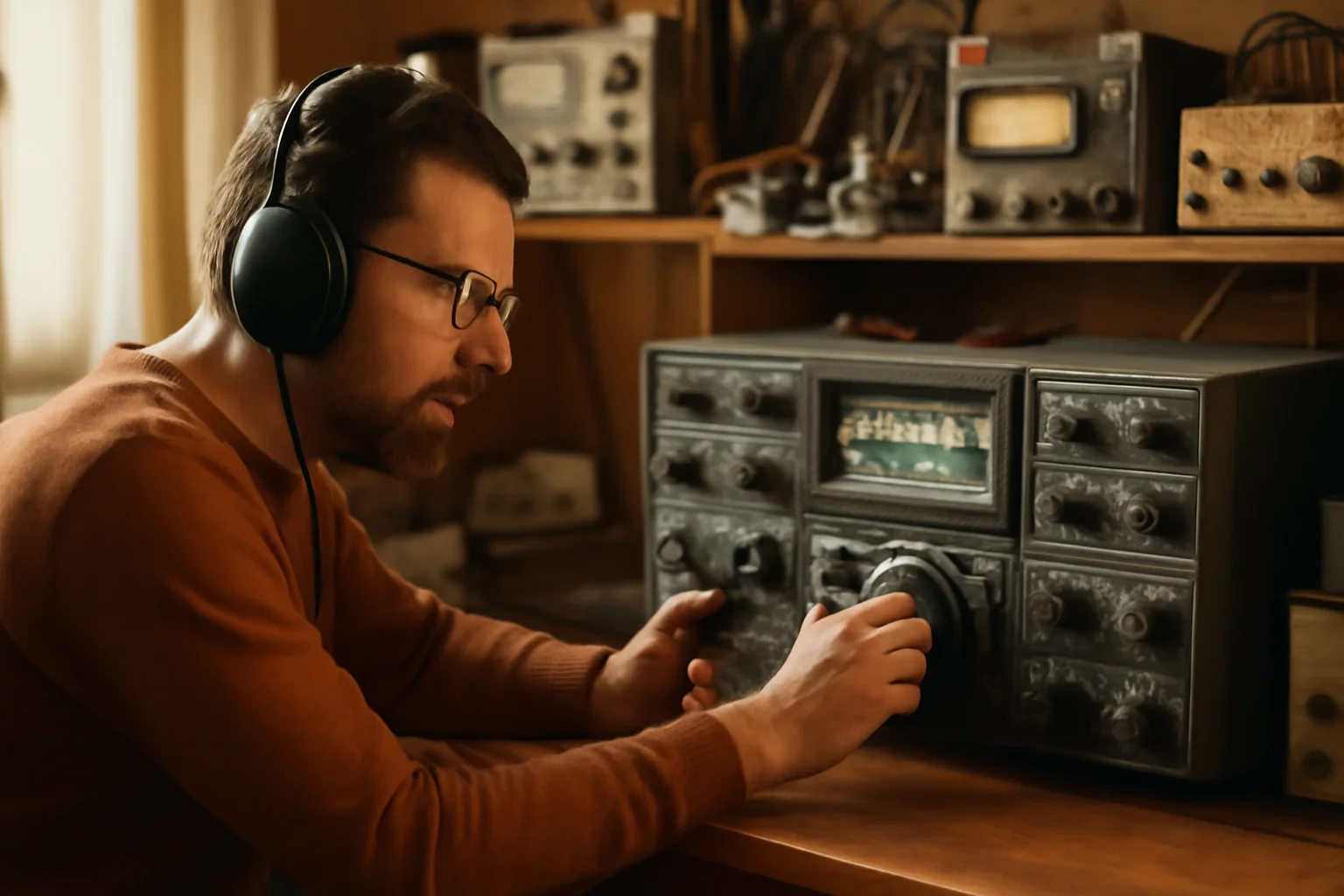 Imagem horizontal de uma sala de estudo com radioamador usando equipamento antigo e detalhes eletrônicos, transmitindo sinais, com iluminação suave e cores quentes, representando rascunho automático.