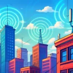 Imagem de cidade urbana com sinais de rádio, antenas e sinais de radiofrequência para rascunho automático