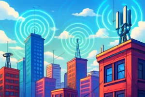 Imagem de cidade urbana com sinais de rádio, antenas e sinais de radiofrequência para rascunho automático
