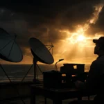 Imagem de rascunho automático mostrando estação de rádio em cobertura de praia com antenas parabólicas e céu nublado com sol