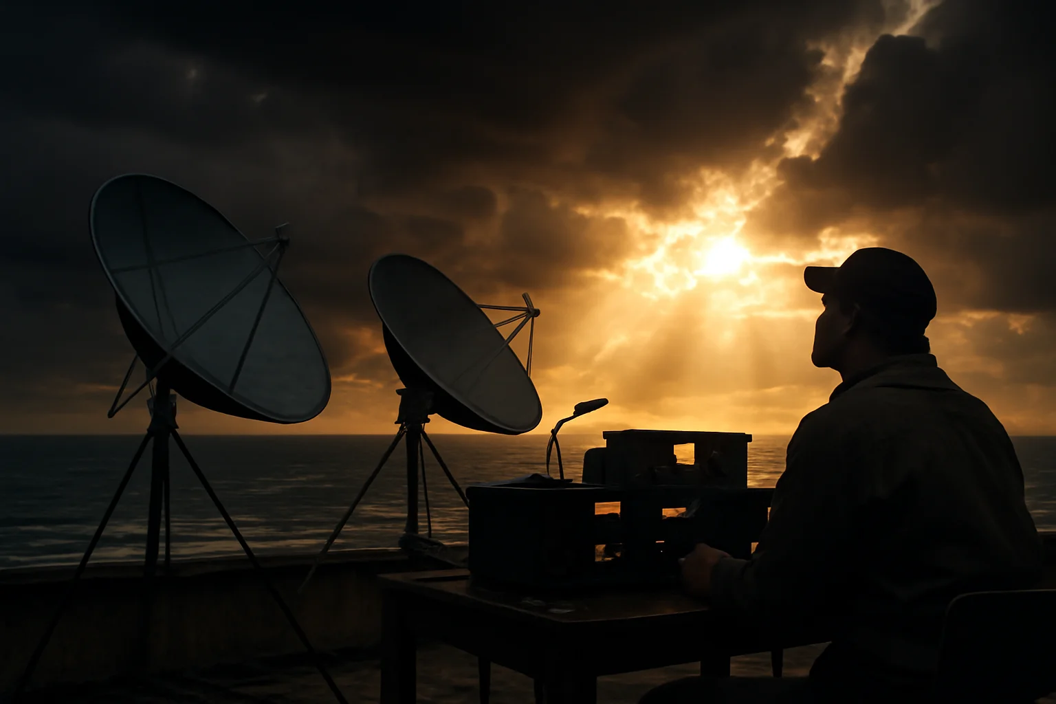 Imagem de rascunho automático mostrando estação de rádio em cobertura de praia com antenas parabólicas e céu nublado com sol