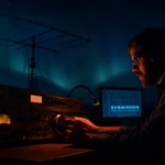 Cena de estação de DX radioamadorismo como caçar sinais à noite, com antena Yagi e céu estrelado ao fundo