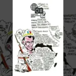 Caricatura de Macron com armas, mapa da África e detalhes de transmissão
