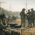 Vários radioamadores interagindo em um espaço aberto, um ajustando equipamentos