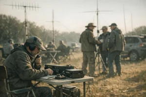 Vários radioamadores interagindo em um espaço aberto, um ajustando equipamentos