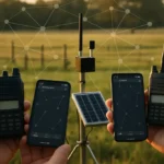 Dispositivos Meshtastic LoRa instalados em área rural com antena e painel solar, mostrando conexão de rede em malha