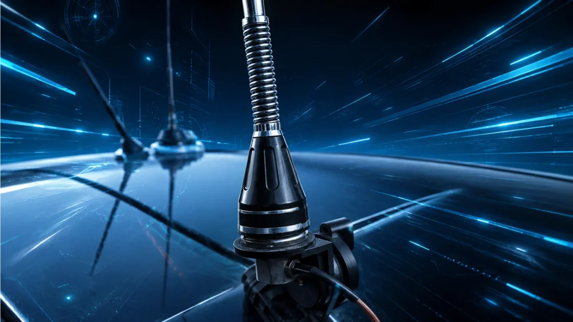 Antena móvel AP24187 instalada em um veículo, com fundo tecnológico azul.