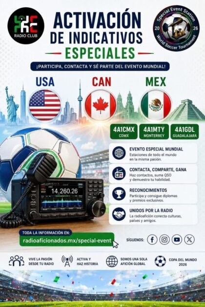Estação de radioamadorismo com equipamentos e bandeiras dos EUA, Canadá e México