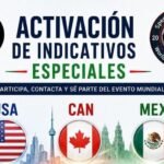 Estação de radioamadorismo com equipamentos e bandeiras dos EUA, Canadá e México