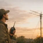 Um jovem radioamador segura um transceptor e olha para o céu