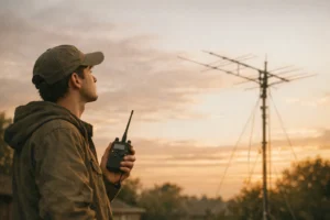 Um jovem radioamador segura um transceptor e olha para o céu