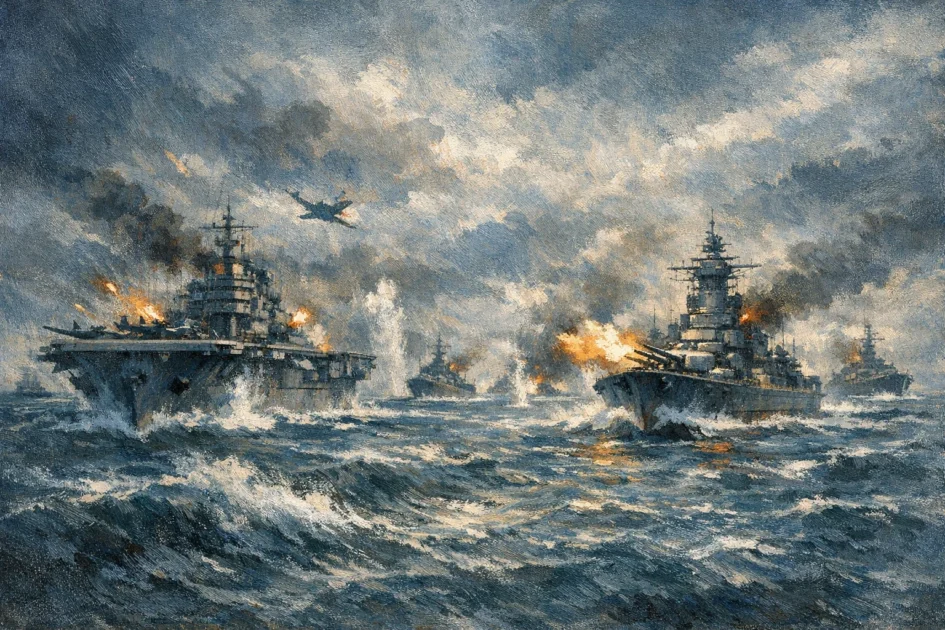 Cena de batalha naval com navios de guerra em movimento sob um céu dramático
